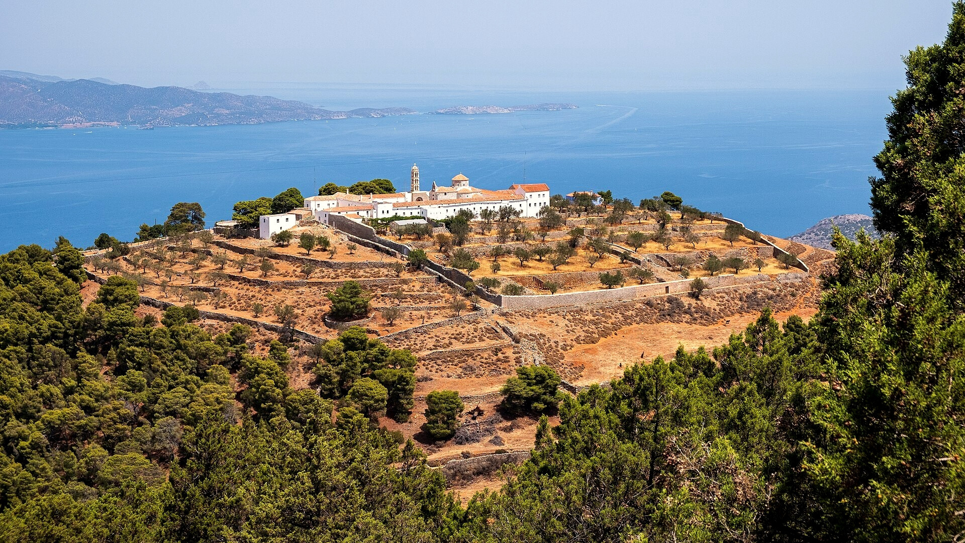 The monastery of the Prophet Elijah on the slopes of Mount Eros - Hydra, Greece