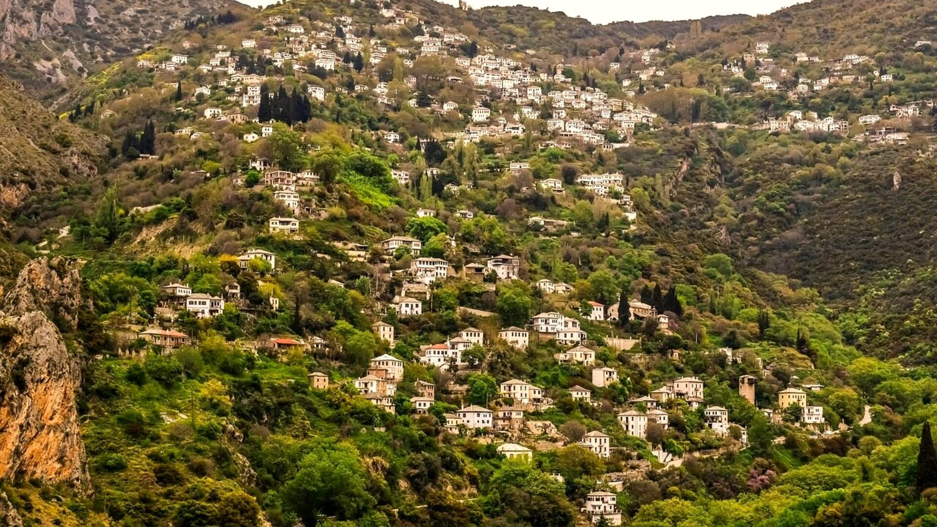 Village de pierre du Pélion accroché à son versant boisé - Thessalie, Grèce