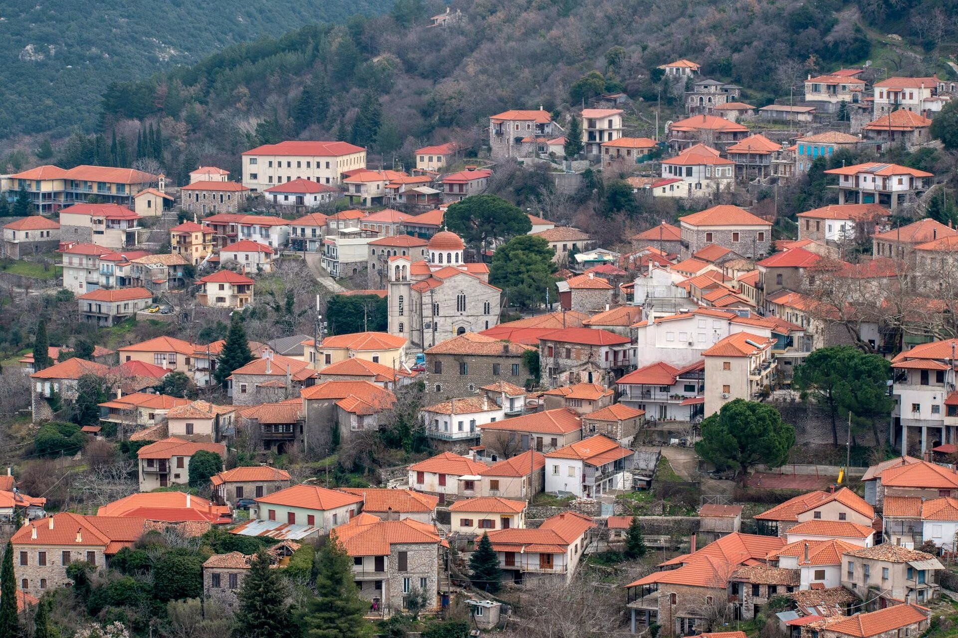 Tile-roofed houses of Arachova on the slopes of Parnassus - Greece